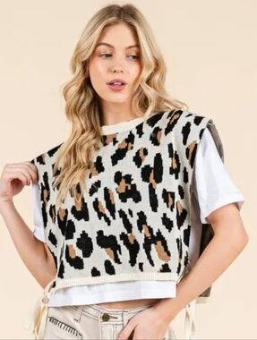 Zara Leopard Knit Vest Over Tee - Beige, Black, Brown